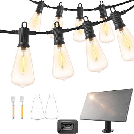 Guirlande Solaire Exterieur 15M, ST38 Guirlande Lumineuse Exterieure Solaire Étanche, 20+2 LED Ampoules, 4 Modes Éclairage Guirlande Solaire pour Jardin Porche Terrasse Noël Fête, 2200K (1/5)