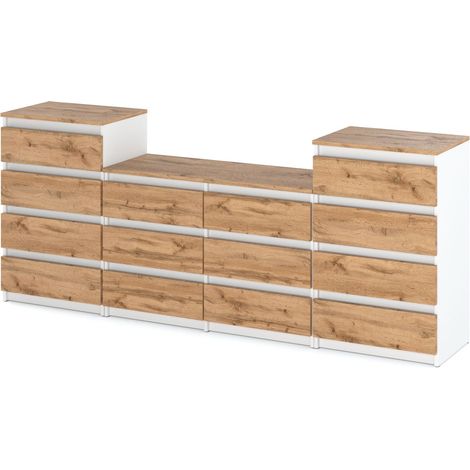Commode 14 tiroirs 464 blanc mat – Chêne wotan – Design scandinave – Système de glissières à rouleaux silencieux – Capacité 20 kg par tiroir (1/5)