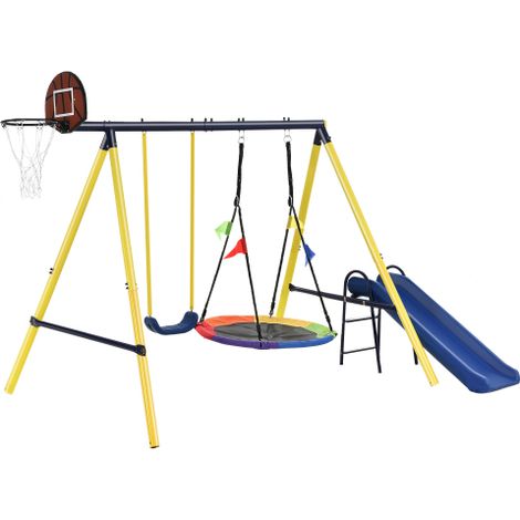 Balançoire pour enfants avec cadre en métal, balançoire nid d'arbre, balançoire simple en plastique,support de basket-ball, toboggan, système de panier de basket-ball