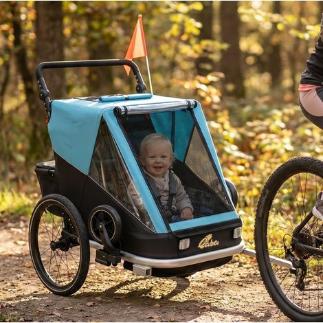 Remorque vélo enfant 155x82x102 cm en aluminium bleue 2 places 2-en-1, gain de place – MEUBLIV (1/5)