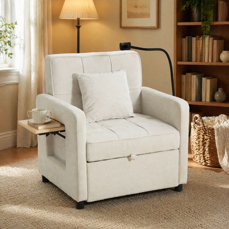 Sillón cama 2 en 1 beige de chenilla con cojín y bolsillos laterales OKWISH (1/5)