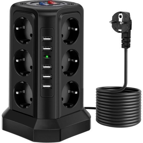Ciabatta da 1,8 m (2500 W) con interruttore, 12 prese e 5 porte USB, torre multipresa con protezione, nera (1/5)