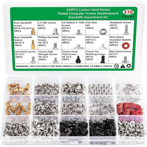 Coffret de 510 pièces de vis pour boîtier PC, kit de visserie pour ordinateur de bureau, carte mère, SSD 2,5 pouces et HDD 3,5 pouces, entretoises en laiton, acier au carbone nickelé