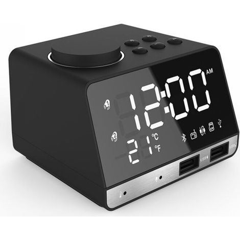Lntyq LED double réveil miroir horloge Radio enceinte pour salle de bain basse sans fil bluetooth + port USB + FM