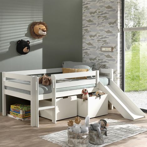 Cama de media altura 90x200 con tobogán, somier y cajones Vipack Pino Blanco (1/4)