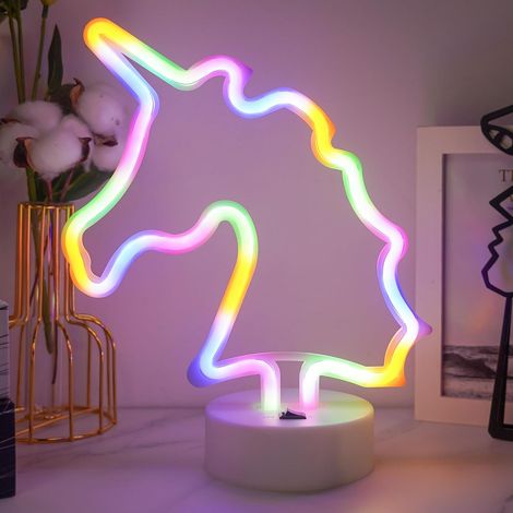 Licorne néon - Veilleuse LED - Batterie/USB - Avec socle pour chambre à coucher - Veilleuse pour chambre, fête, mariage, anniversaire