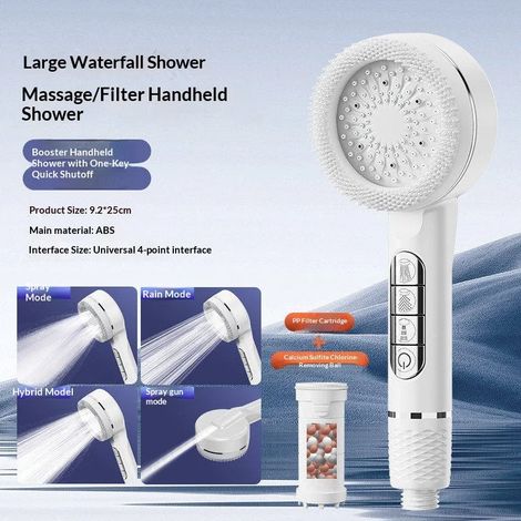 Pommeau de douche multifonction (blanc) 4 modes de pression réglable, large jet, accessoire de salle de bain avec massage (1/5)