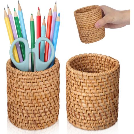Portalápices de ratán sintético de 2 piezas, portalápices tejido a mano, tubo de almacenamiento multifuncional para escritorio, tubo de almacenamiento de cosméticos de madera para la escuela, la ofici (1/5)