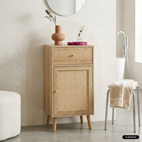 Sweeek – Meuble de rangement salle de bain bois et cannage – 1 tiroir – 1 étagère – Dimensions 45 x 36 x 90 cm – Style bohème naturel