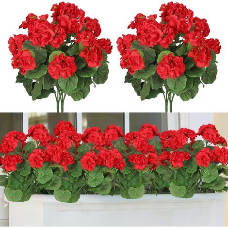 Lot de 4 Géranium Artificiel Extérieur, Fleurs Artificielles Rouge (1/5)