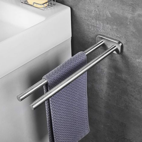 Porte-Serviettes Mural en Acier Inoxydable Double Barre Dessinée en Procédé Argent Multifonctionnel pour Salle de Bain, Hôtel - 40 x 10 x 5 cm (1/4)