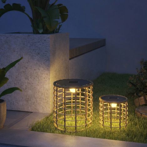 Solar Stehlampe 2er Set Rattan Solarlampen mit Lichtsensor LED Solarleuchte im Boho-Stil IP44