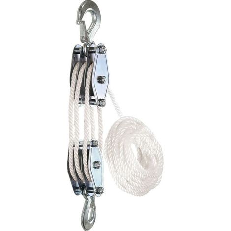 Poulie de palan à corde de 1100 livres - Acier galvanisé - 3 Poulies - Levage 2,5m - Corde de nylon résistant de 15 m (1/4)
