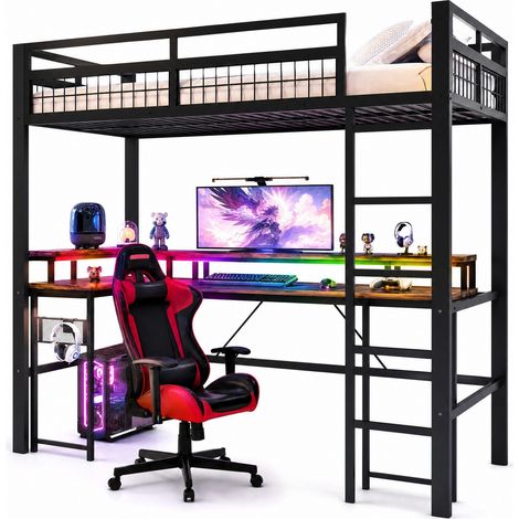 Letto a soppalco 90x200 cm in metallo e MDF nero con scrivania, LED multicolore via app, USB, Type-C, prese e pannello forato CHICFURN (1/5)