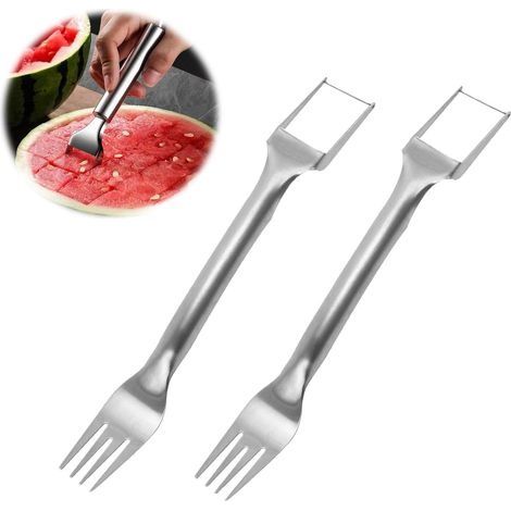 Lot de 2 fourctes à pastèque - 2 en 1 - En acier inoxydable - Double tête - Portable - Pour fête, camping, cuisine (1/5)