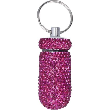 Petit flacon à pharmacie orné de strass rouge-violet, boîte de rangement pour médicaments en alliage d'aluminium entièrement recouverte de strass, avec porte-clés. (1/5)