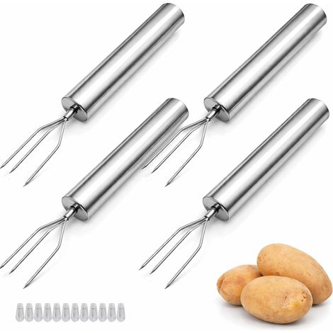 Lot de 4 fourchettes à pommes de terre en acier inoxydable à 3 dents - Fourchette à maïs - Fourchette à pommes de terre - Outil de barbecue portable - Poignée ergonomique - Argenté - Idéal pour (1/5)
