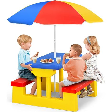 GOPLUS Ensemble de Jardin pour Enfant, Ensemble Table de Pique-Nique et Banc avec Parasol d’ Activite Exterieur, Jeu de Plein Air,Multicolore (Multicolore) (1/5)