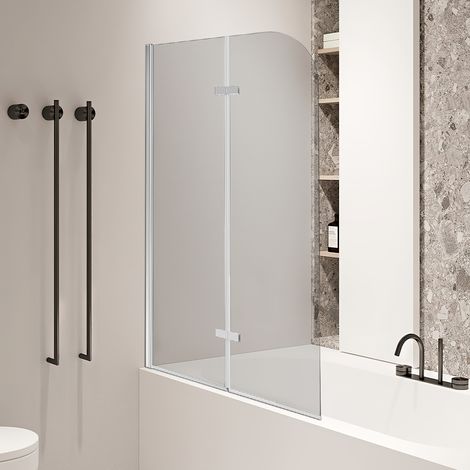 TolleTour Paroi anti-éclaboussures pour baignoire 100 x 140 cm, 2 panneaux pliants, verre transparent, alu argenté (1/5)