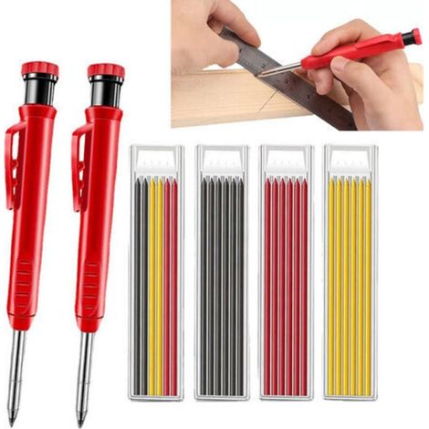 Coffret de 6 crayons de construction de charpentier avec mines grises, jaunes et rouges. (1/4)