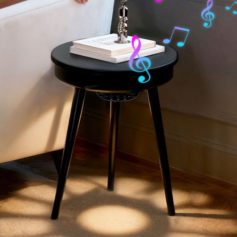 Round End Table Nightstand with USB Charging Bluetooth Speaker Ambient Lighting, Black