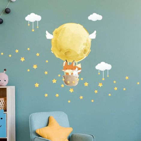 30x90cm、muraux enfants Decoration chambre bébé Sticker mural chambre enfant Autocollant mural renard voyageur +étoiles (1/5)