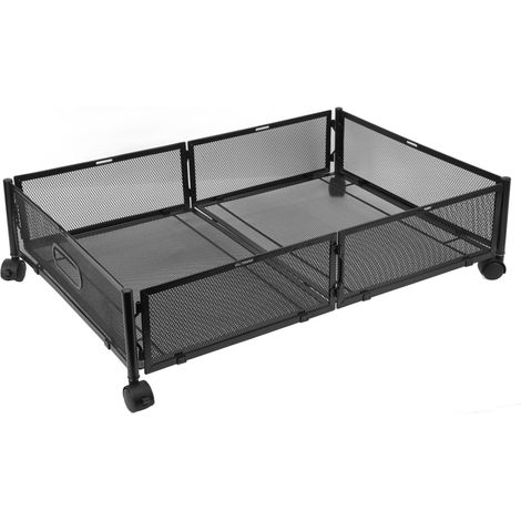 Boîtes de rangement sous lit à roulettes, à motif quadrillé, coulissantes et amovibles, en métal, pour chaussures, vêtements et jouets, noir. (1/5)