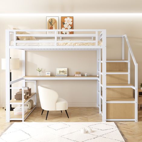 Lit mezzanine métal 140×200 cm blanc,échelle rangement,étagères et table,clôture sécurité,cadre métallique stable (1/5)