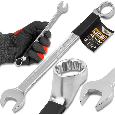 Chiave a forchetta JCB angolata a 75 gradi, 16 mm, acciaio CR-V, doppia estremità