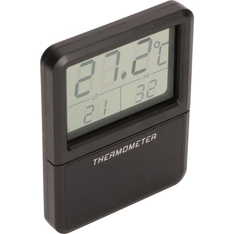 Thermomètre d'aquarium numérique noir avec écran LCD, résistant aux hautes températures et boutons dissimulés. (1/5)