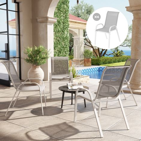 Lot de 4 chaises de jardin empilables, dossier haut incliné, maille aérée, structure en acier, couleur grise. (1/5)