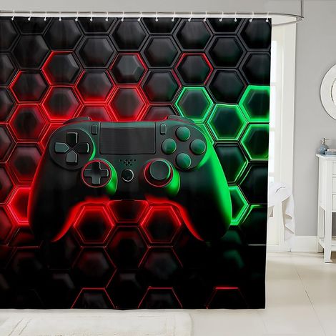 Console de Jeux Rideau Douche Espace Univers Jeux Rideau de Douche Jeux Vidéo Rideau Salle de Bain Décor Salle de Jeux Décor Rideau Imperméable Rouge Vert Géométrique Nid D'Abeille Rideau,180x200 - 18 (1/5)