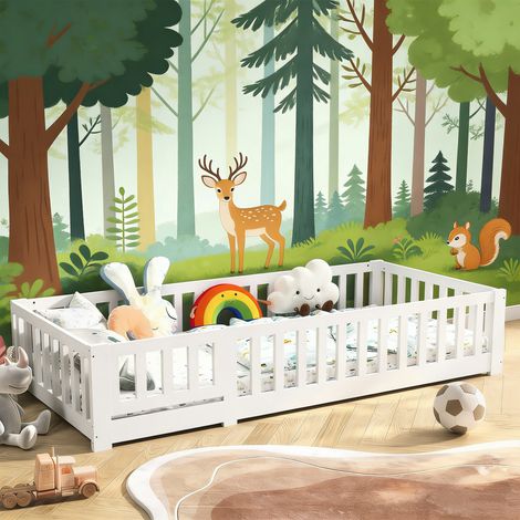 Lit Enfant 90x200 cm, Lit au Sol Montessori avec Barrière de Sécurité et Sommier à Lattes – Bois Massif de Pin – Idéal pour Chambre Garçon et Fille – Blanc