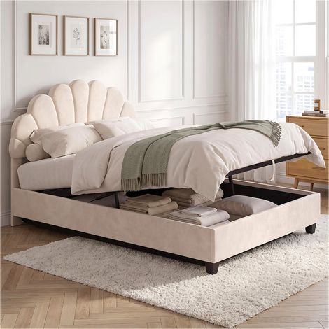 Cama doble con cajón <> AMANDA, con cabecero y somier, de 140 x 190 cm, en terciopelo beige (1/5)