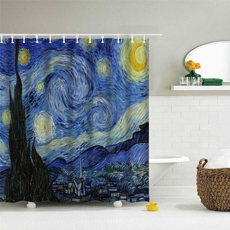 Rideau de douche nuit étoilée pour salle de bain avec crochets, Van Gogh Stars Art décoratif en tissu long, rideau de douche en tissu, décorations de bain 71 x 72 L, bleu (1/5)