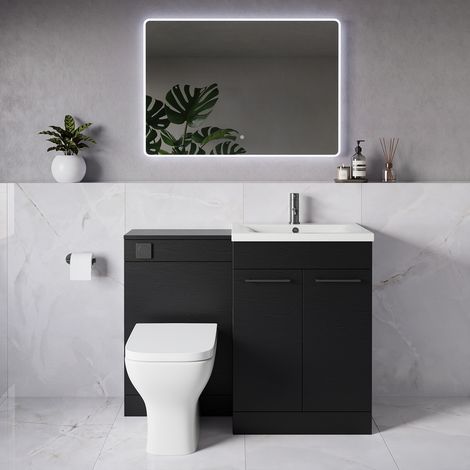 Napoli 460 Nero Oak 1100mm 2 Door Vanity Unit Toilet Suite with Glide Basin - 1100mm - Gunmetal Grey 160mm HandleWith Kingston Toilet Pan and Seat