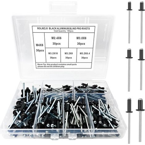 Rivet noir, Assortiment de 180 rivets aveugles en aluminium, 4.0/3.2 /3.0/2.4 mm rivet pop pour métal, boîte de rangement, meubles, machines, appareils électriques(Noir) (1/5)