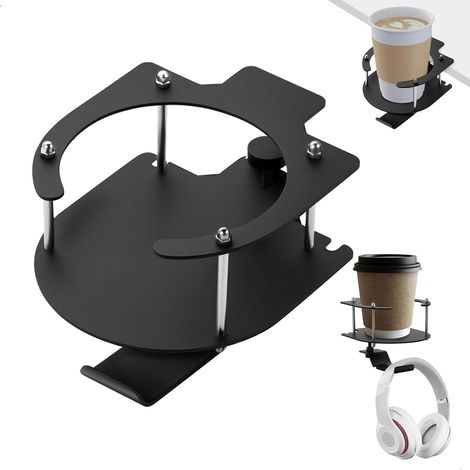 Soporte giratorio de 360° para botellas, portavasos de escritorio desmontable, soporte para auriculares de juegos, portavasos con clip antivuelco para la oficina o el hogar. (1/5)