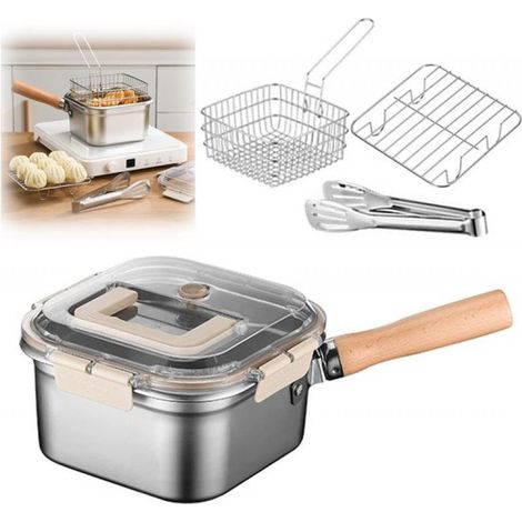 Ensemble friteuse - 2500 ml - 20,5 × 20,5 × 11,5 cm - Comprend une friteuse carrée avec couvercle transparent, un panier à friture, une passoire à huile et une pince à friture - Poignée amovible - Aci (1/5)