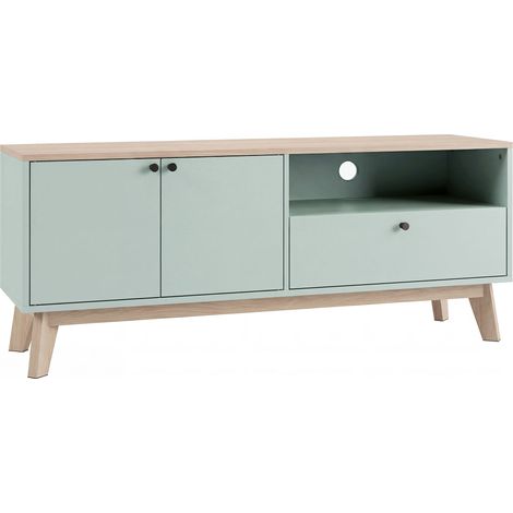Meuble TV 120 cm, support téléviseur pour écran jusqu'à 36 pouces, 2 portes, 1 tiroir, étagère ouverte, vert clair (1/5)