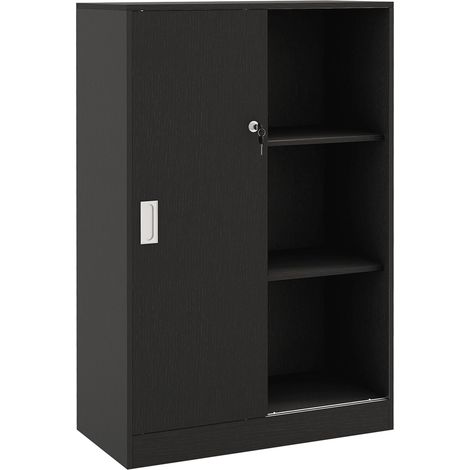 Armoire de travail 2 portes coulissantes avec serrure, dimensions 80x40x120 cm, 2 tablettes, mélaminé noir, rangement verrouillable pour bureau (1/5)