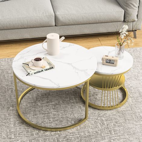 BLANKETSWARM - Lot de 2 tables basses gigognes rondes – 70 x 45 cm et 45 x 40 cm – Plateau en bois effet marbre PVC – Pieds en métal – Style industriel, Doré (1/5)