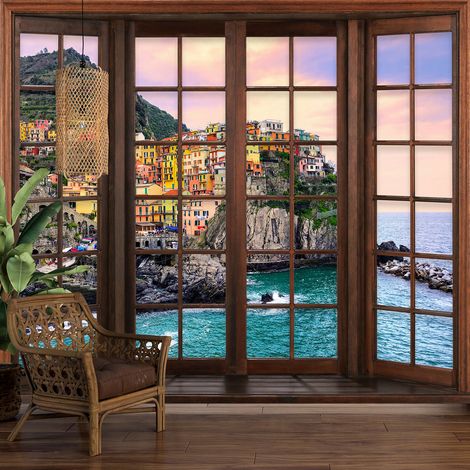 Papier peint panoramique Trompe l'oeil Fenêtre en bois - Cinque Terre - 130 cm x 104 cm (1/5)