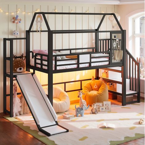 Letto a soppalco per bambini a casetta 90x200 cm metallo nero scivolo LED Bluetooth - CHICFURN (1/5)