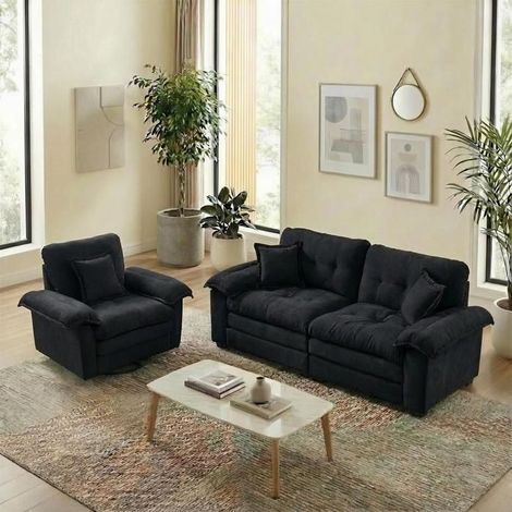 Canapé 2 pièces - KOMHTOM - Fauteuil et canapé 2 places - Noir - Assise profonde - Coussins inclus (1/5)