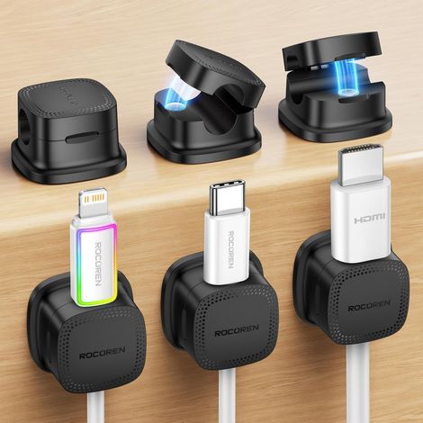 Clips Câble,Organisateur de Cables,Accroche Cable,Clips de Câble Autocollants,Support de Câble Magnétique,Convient pour le Bureau, La Table de Nuit, Le Câble de Charge, HDMI, USB (6, Noir) (1/5)