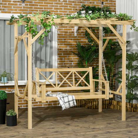 Balancelle avec pergola. Pour 2 personnes. Hauteur réglable. Structure en bois massif. 2,21 x 1,40 x 1,96 m