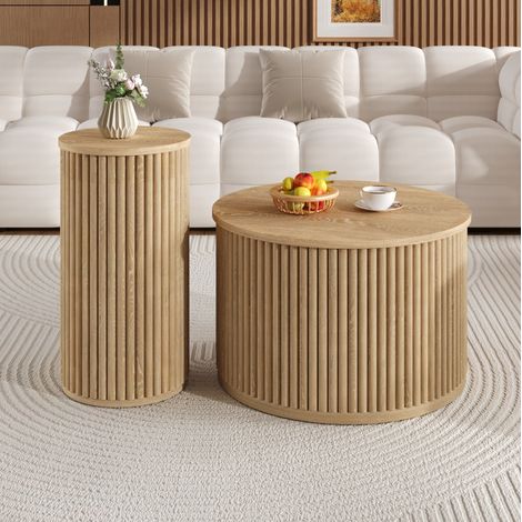 Runde Satztische Couchtisch 60x60x38,5/30x30x56 cm Natur - 2er-Set MDF MEUBLIV (1/5)