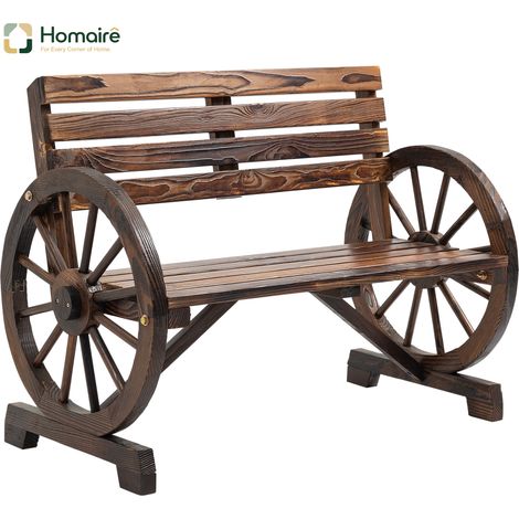 HOMAIRE Gartenbank 2-Sitzer Landhausstil aus Tannenholz mit Wagenrad-Armlehnen, Braun