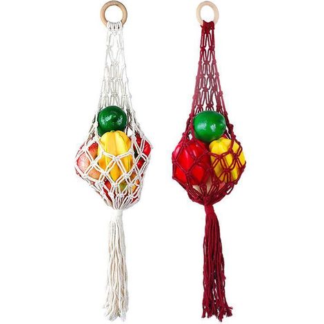 Panier à fruits suspendu en macramé, décoration intérieure, sac filet de rangement pour légumes, style bohème beige (1/5)